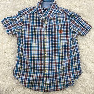 Chaps Boys Sz 3/3T Button Up Short Sleeve Shirt Blue Yellow Plaid Collard